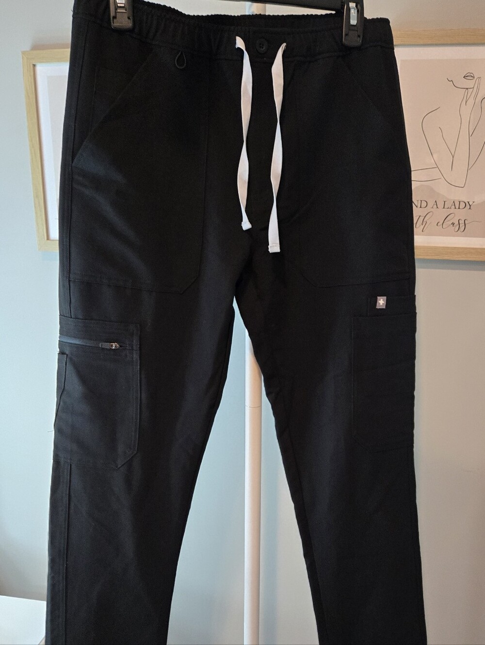 Figs Scrubs Black Cargo Jogger Pants with White Drawstring